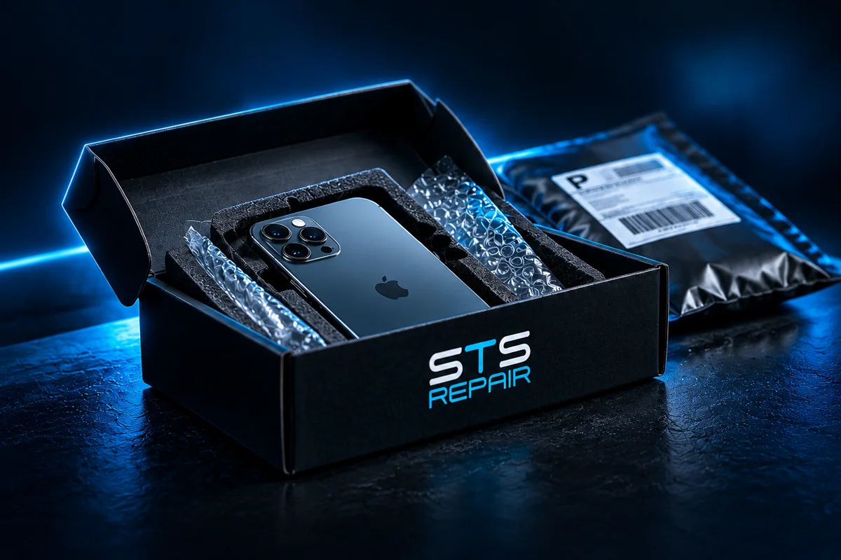 Smartphone secured in protective foam and bubble wrap inside an STS Repair shipping box